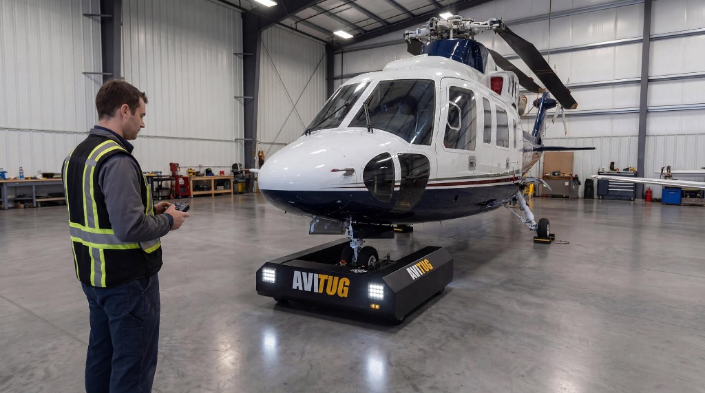 Técnico operando rebocador AVITUG para movimentar helicóptero em hangar